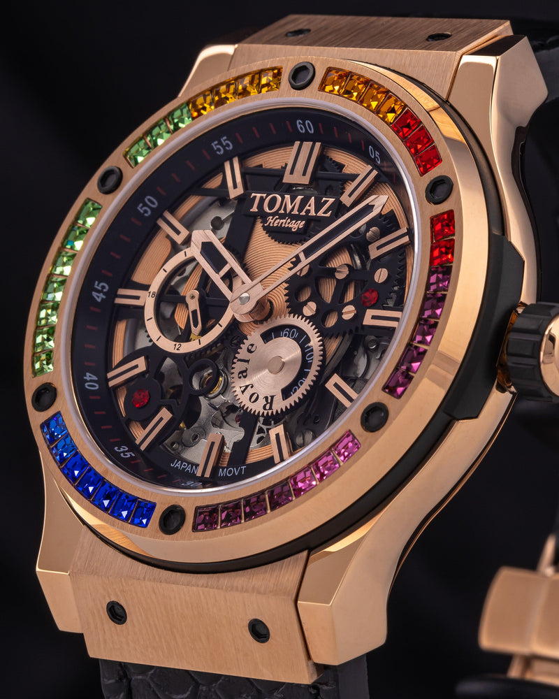 
                  
                    Load image into Gallery viewer, Royale TW014B-D1 (Rosegold) with Rainbow Swarovski (Black Salmon Leather Strap)
                  
                