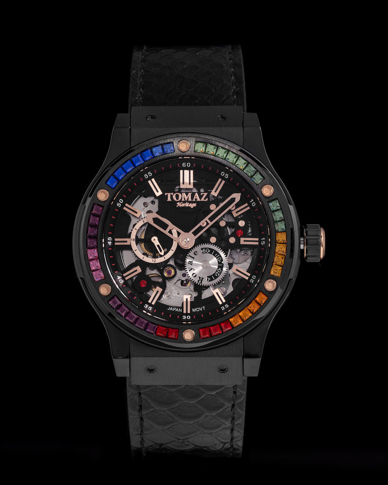 
                  
                    Load image into Gallery viewer, Royale TW014B-D2 (Matte Black) with Rainbow Swarovski (Black Salmon Leather Strap)
                  
                