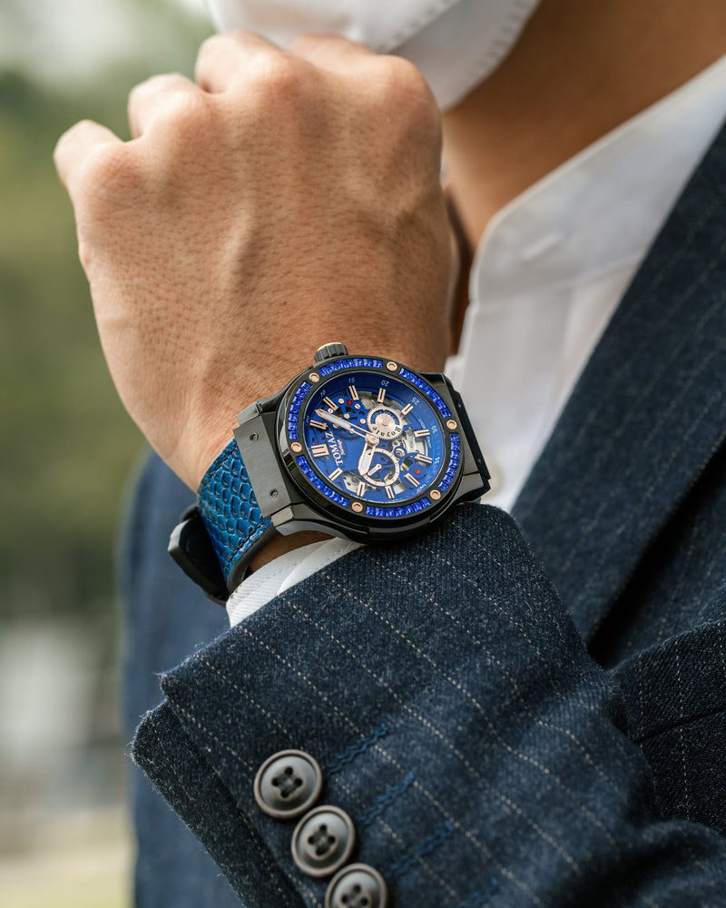 
                  
                    Load image into Gallery viewer, Royale TW014B-D3 (Black) with Blue Swarovski (Blue Salmon Leather Strap)
                  
                