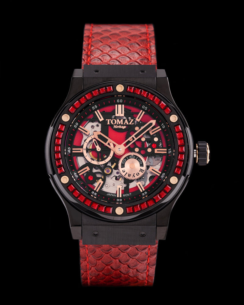 
                  
                    Load image into Gallery viewer, Royale TW014B-D4 (Black) with Red Swarovski (Red Salmon Leather Strap)
                  
                