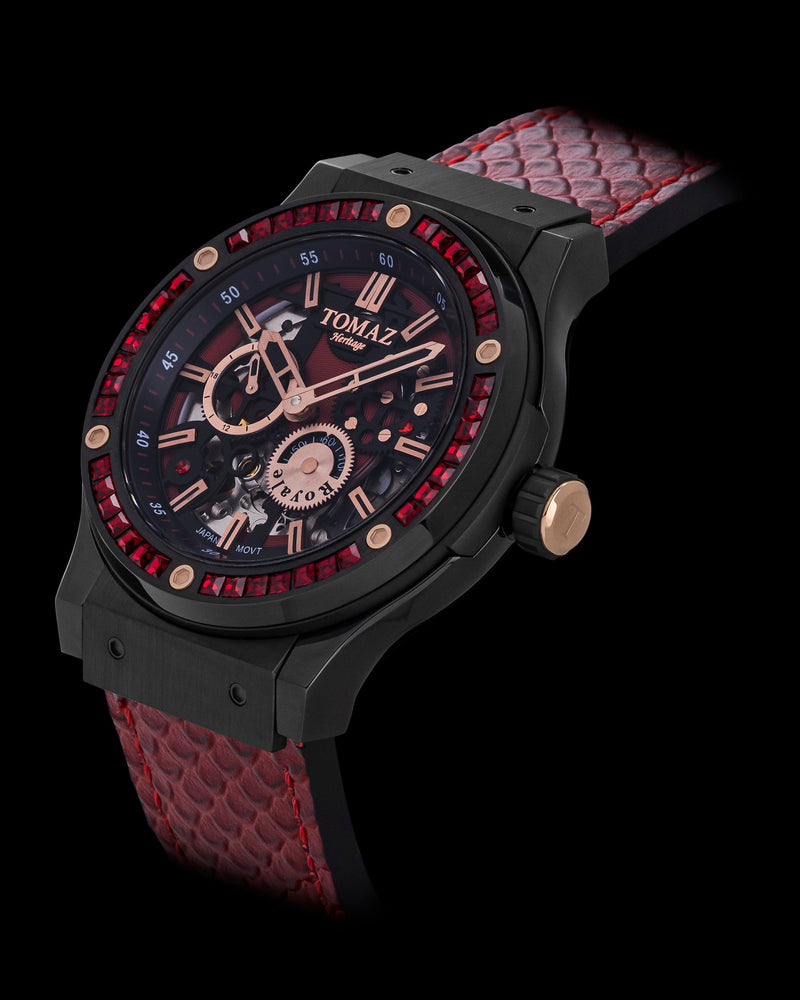 
                  
                    Load image into Gallery viewer, Royale TW014B-D4 (Black) with Red Swarovski (Red Salmon Leather Strap)
                  
                