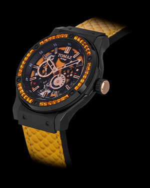 
                  
                    Load image into Gallery viewer, Royale TW014B-D6 (Black/Yellow) with Yellow Swarovski (Yellow Salmon Leather Strap)
                  
                