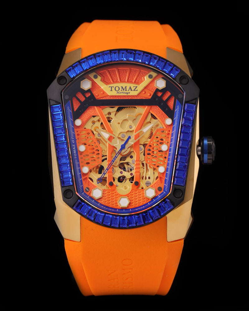 
                  
                    Load image into Gallery viewer, GT Skeleton TW028-D16 (Rosegold/Orange) with Blue Swarovski (Orange Rubber Strap)
                  
                