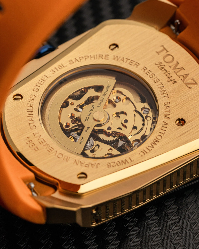 
                  
                    Load image into Gallery viewer, GT Skeleton TW028-D16 (Rosegold/Orange) with Blue Swarovski (Orange Rubber Strap)
                  
                