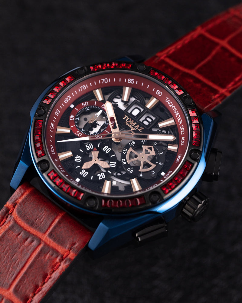 
                  
                    Load image into Gallery viewer, RAWR III TW024A-D4 (Navy/Black) with Red Swarovski (Red Bamboo Leather Strap)
                  
                