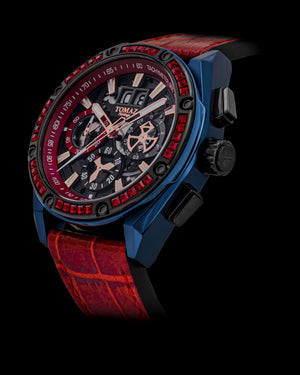 
                  
                    Load image into Gallery viewer, RAWR III TW024A-D4 (Navy/Black) with Red Swarovski (Red Bamboo Leather Strap)
                  
                