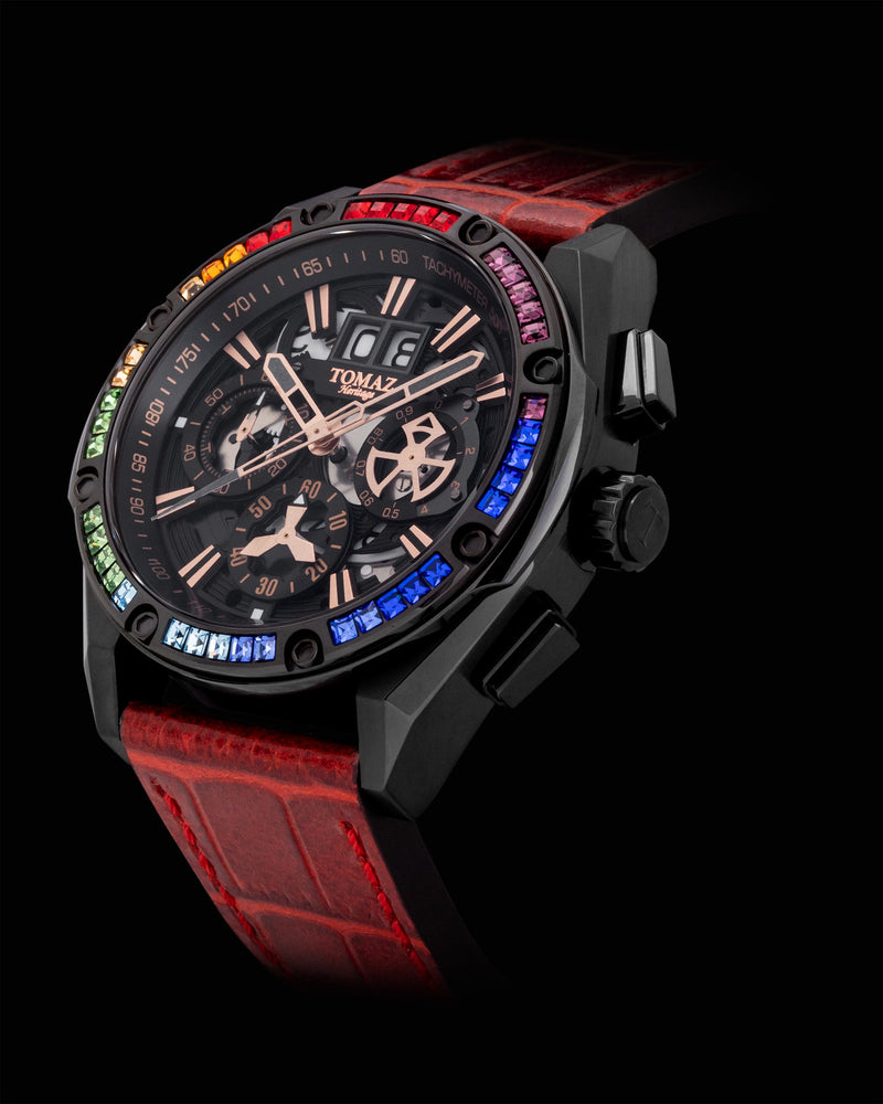 
                  
                    Load image into Gallery viewer, RAWR III TW024C-D1 (Black) with Rainbow Swarovski (Red Bamboo Strap)
                  
                