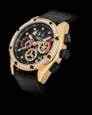 
                  
                    Load image into Gallery viewer, RAWR III TW024E-D8 (Gold/Black) with White Swarovski (Green Bamboo Leather Strap)
                  
                