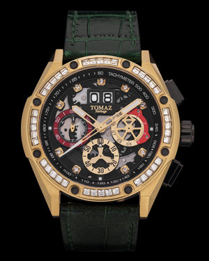 
                  
                    Load image into Gallery viewer, RAWR III TW024E-D8 (Gold/Black) with White Swarovski (Green Bamboo Leather Strap)
                  
                