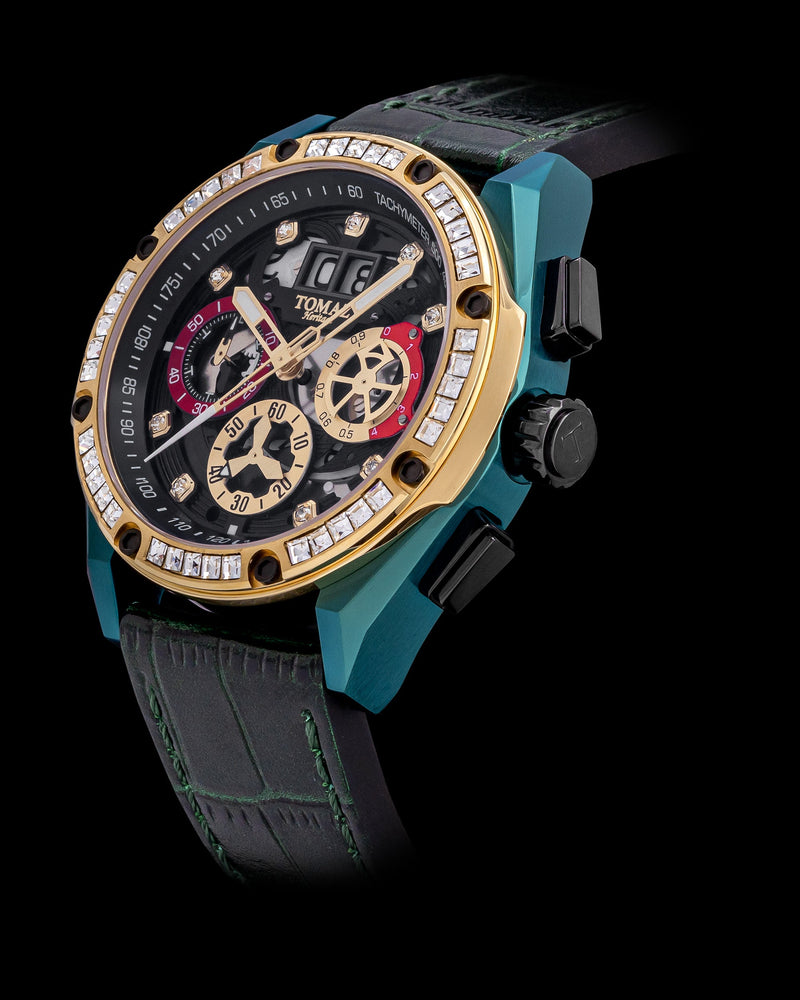 
                  
                    Load image into Gallery viewer, RAWR III TW024E-D9 (Green/Gold/Black) with White Swarovski (Green Bamboo Leather Strap)
                  
                