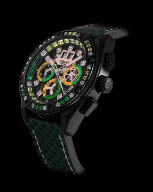 
                  
                    Load image into Gallery viewer, RAWR III TW024F-D1 (Black) with Dark Green White Yellow Swarovski (Dark Green Salmon Leather Strap)
                  
                