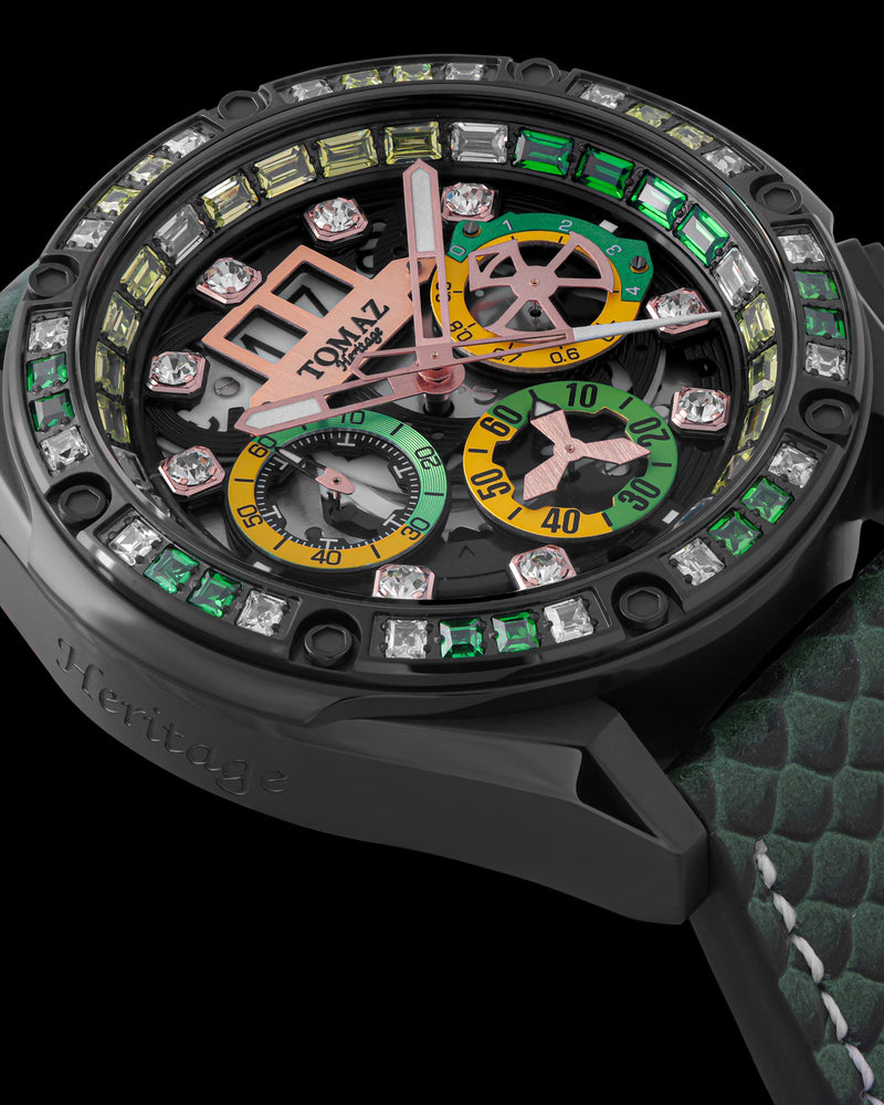 
                  
                    Load image into Gallery viewer, RAWR III TW024F-D1 (Black) with Dark Green White Yellow Swarovski (Dark Green Salmon Leather Strap)
                  
                