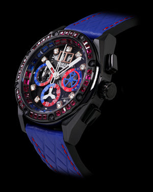 
                  
                    Load image into Gallery viewer, RAWR III TW024F-D10 (Black) with Purple Black Swarovski (Blue Red-Stitching Salmon Leather Strap)
                  
                