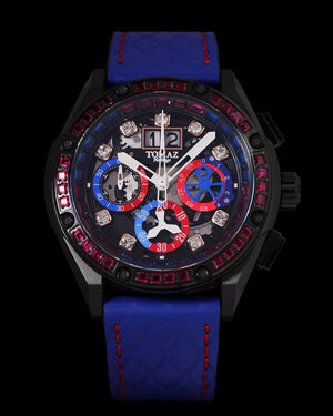 
                  
                    Load image into Gallery viewer, RAWR III TW024F-D10 (Black) with Purple Black Swarovski (Blue Red-Stitching Salmon Leather Strap)
                  
                