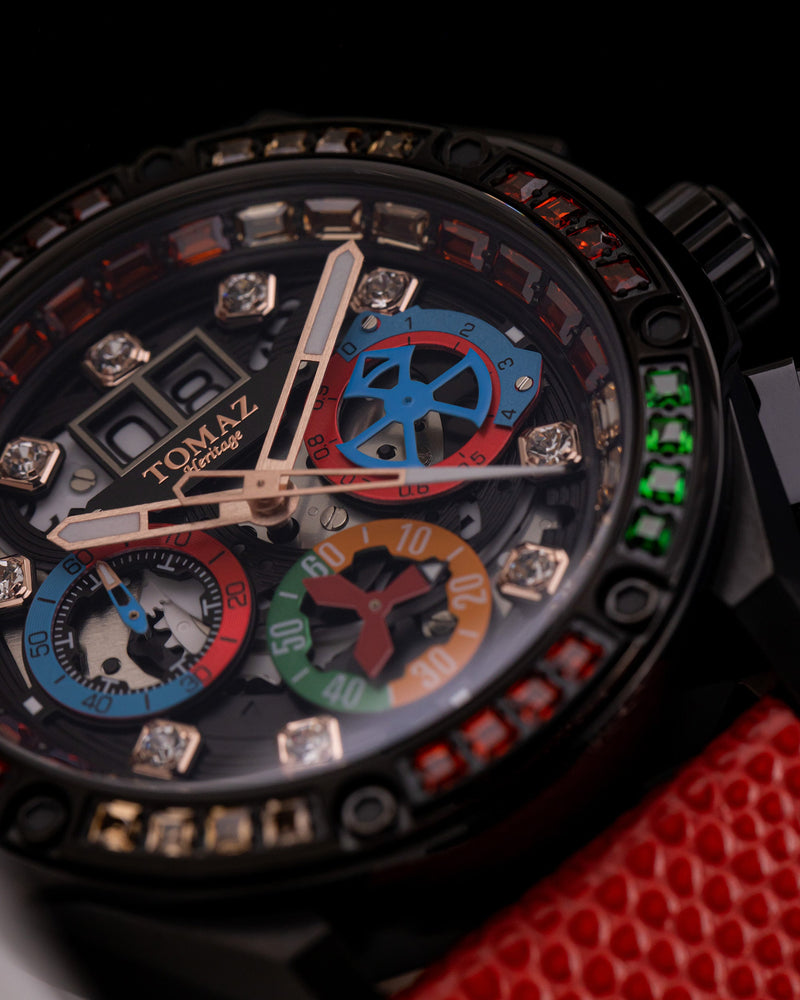 
                  
                    Load image into Gallery viewer, RAWR III TW024F-D11 (Black) with Rainbow Swarovski (Red Leather Strap)
                  
                