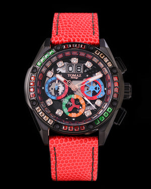 
                  
                    Load image into Gallery viewer, RAWR III TW024F-D11 (Black) with Rainbow Swarovski (Red Leather Strap)
                  
                