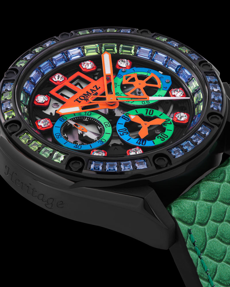 
                  
                    Load image into Gallery viewer, RAWR III TW024F-D12 (Black) with Green Blue Black Swarovski (Green Leather Strap)
                  
                