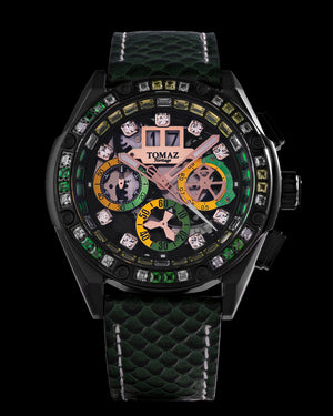 
                  
                    Load image into Gallery viewer, RAWR III TW024F-D1 (Black) with Dark Green White Yellow Swarovski (Dark Green Salmon Leather Strap)
                  
                