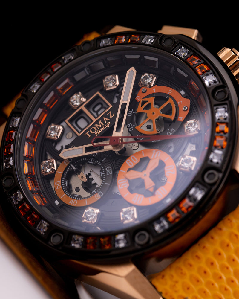 
                  
                    Load image into Gallery viewer, RAWR III TW024F-D4 (Gold/Black) with White Orange Swarovski (Orange Leather Strap)
                  
                