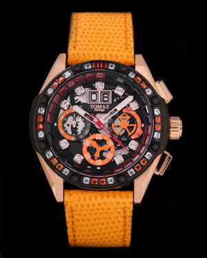 
                  
                    Load image into Gallery viewer, RAWR III TW024F-D4 (Gold/Black) with White Orange Swarovski (Orange Leather Strap)
                  
                