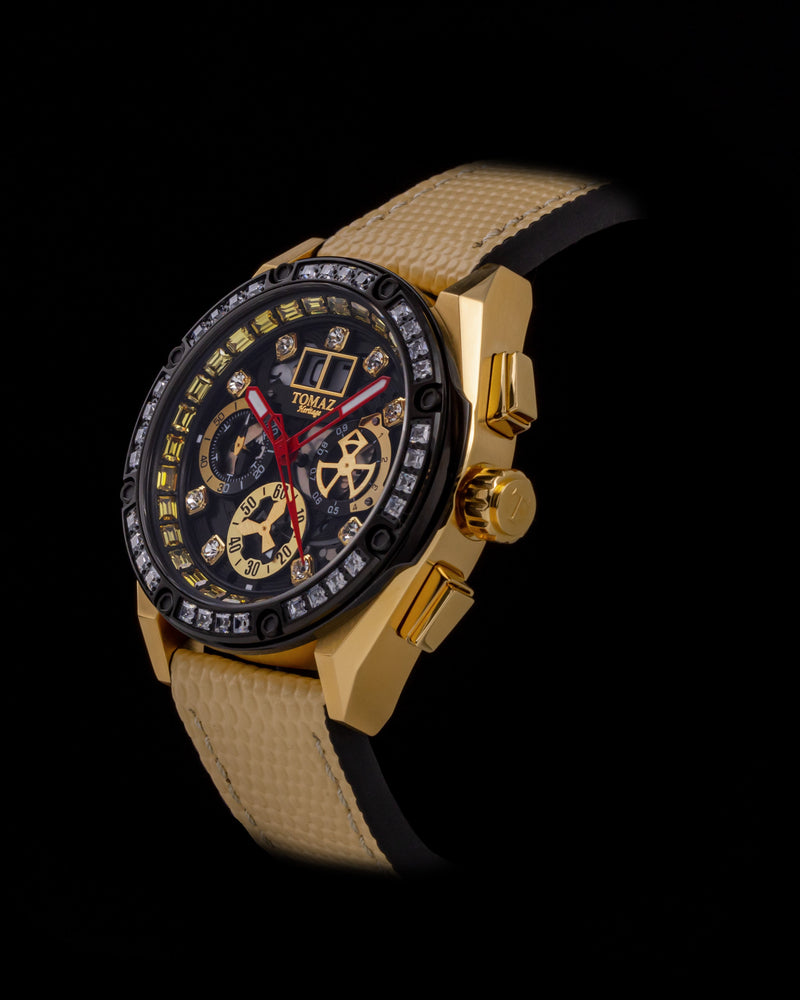 
                  
                    Load image into Gallery viewer, RAWR III TW024F-D6A (Gold/Black) with White Swarovski (Cream Leather Strap)
                  
                