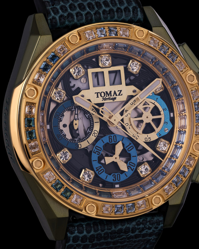 
                  
                    Load image into Gallery viewer, RAWR III TW024F-D7A (Gold/Blue) with Gold Blue White Swarovski (Blue Leather Strap)
                  
                