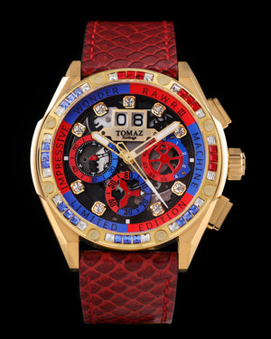 
                  
                    Load image into Gallery viewer, RAWR III TW024I-D10 (Gold) with Blue Red Yellow Swarovski (Red Salmon Leather Strap)
                  
                