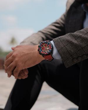 
                  
                    Load image into Gallery viewer, RAWR III TW024I-D11 (Black) with Blue Red Swarovski (Red Salmon Leather Strap)
                  
                