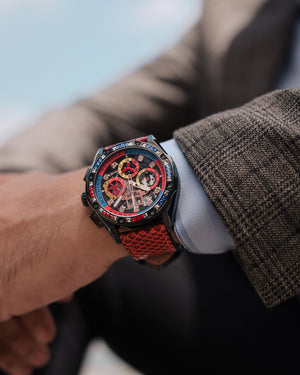 
                  
                    Load image into Gallery viewer, RAWR III TW024I-D11 (Black) with Blue Red Swarovski (Red Salmon Leather Strap)
                  
                