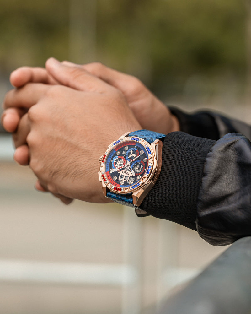 
                  
                    Load image into Gallery viewer, RAWR III TW024I-D9 (Rosegold) with Blue Red Swarovski (Blue Salmon Leather Strap)
                  
                