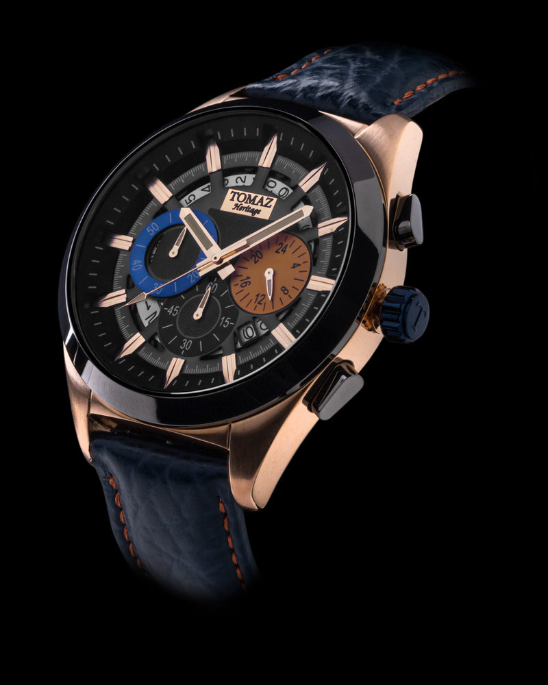 
                  
                    Load image into Gallery viewer, Romeo XXV TW025-D11 (Rosegold/Black) Blue Stitching Red Leather Strap
                  
                