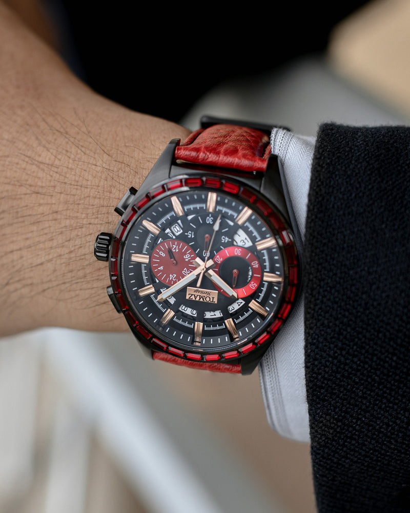 Romeo TW025A-D1 (Black/Red) with Red Swarovski (Red Leather Strap)