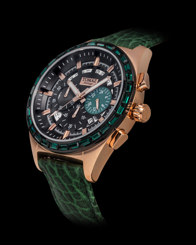
                  
                    Load image into Gallery viewer, Romeo TW025A-D3 (Rosegold/Green) with Green Swarovski (Green Leather Strap)
                  
                