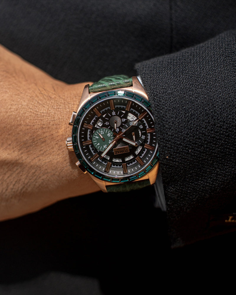 Romeo TW025A-D3 (Rosegold/Green) with Green Swarovski (Green Leather Strap)