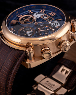 
                  
                    Load image into Gallery viewer, Xavier TW026-D3 (Rosegold/Blue) Coffee Armadillo Leather Strap
                  
                