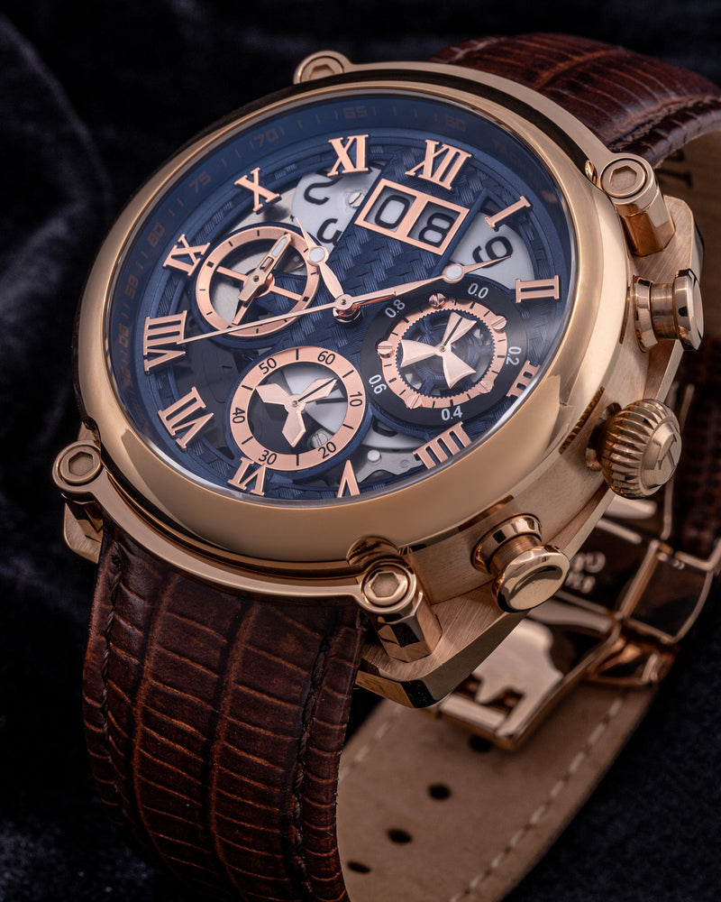 
                  
                    Load image into Gallery viewer, Xavier TW026-D3 (Rosegold/Blue) Coffee Armadillo Leather Strap
                  
                