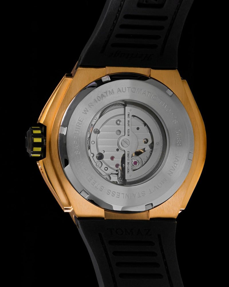 
                  
                    Load image into Gallery viewer, Royale XL TW027S-D16 (Gold/Black) with Swarovski (Black Leather with Rubber Strap)
                  
                