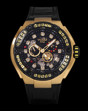 
                  
                    Load image into Gallery viewer, Royale XL TW027S-D16 (Gold/Black) with Swarovski (Black Leather with Rubber Strap)
                  
                