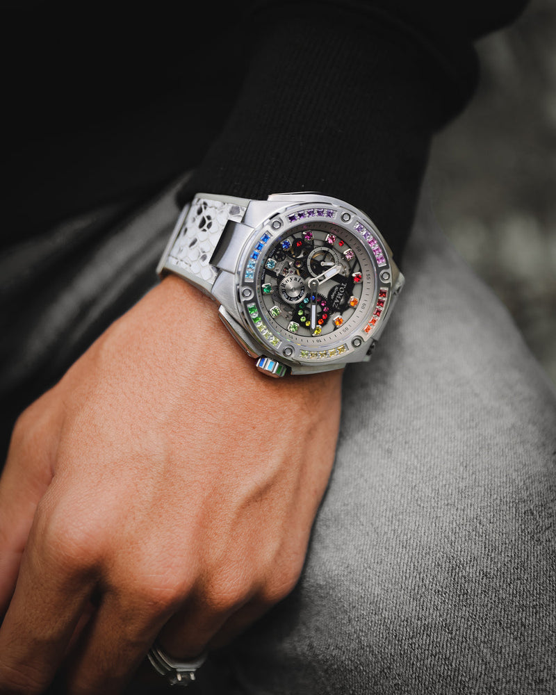 
                  
                    Load image into Gallery viewer, Royale XL TW027S-D20 (Silver) with Swarovski (Grey Black Salmon Leather with Rubber Strap)
                  
                