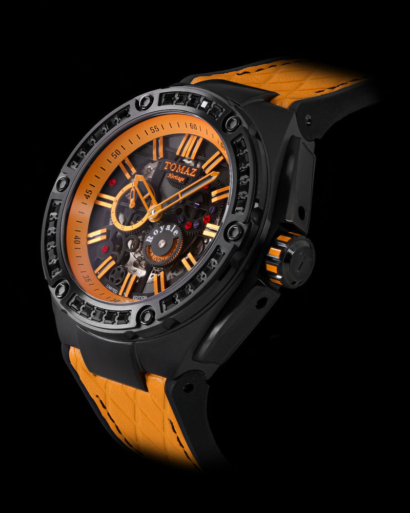 
                  
                    Load image into Gallery viewer, Royale XL TW027S-D4 (Black/Orange) with Swarovski (Orange Salmon Leather with Rubber Strap)
                  
                