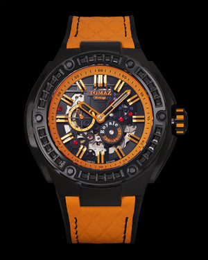 
                  
                    Load image into Gallery viewer, Royale XL TW027S-D4 (Black/Orange) with Swarovski (Orange Salmon Leather with Rubber Strap)
                  
                