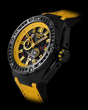 
                  
                    Load image into Gallery viewer, Royale XL TW027S-D9 (Black/Yellow) with Swarovski (Yellow Salmon Leather with Rubber Strap)
                  
                