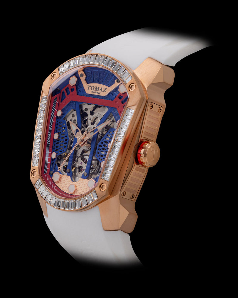 
                  
                    Load image into Gallery viewer, GT Skeleton TW028-D10 (Rosegold/Blue) with White Swarovski (White Rubber Strap)
                  
                