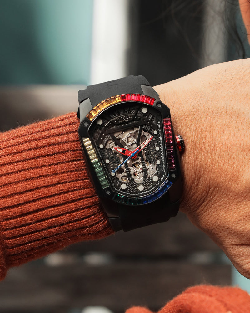 
                  
                    Load image into Gallery viewer, GT Skeleton TW028-D11 (Black) with Rainbow Swarovski (Black Rubber Strap)
                  
                