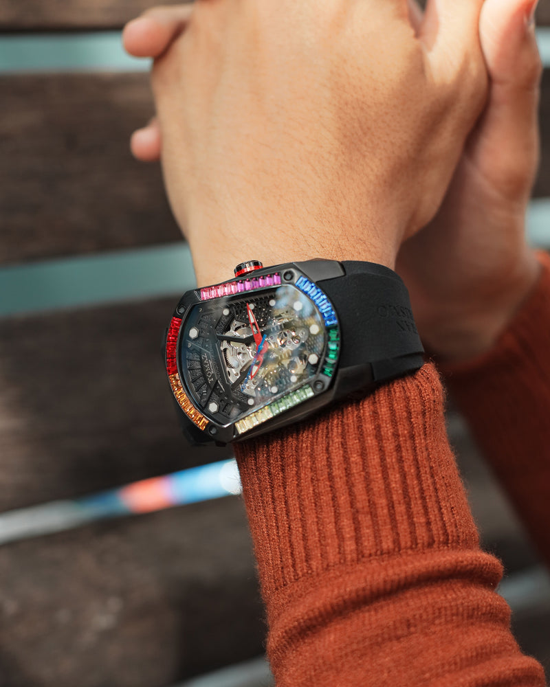 
                  
                    Load image into Gallery viewer, GT Skeleton TW028-D11 (Black) with Rainbow Swarovski (Black Rubber Strap)
                  
                