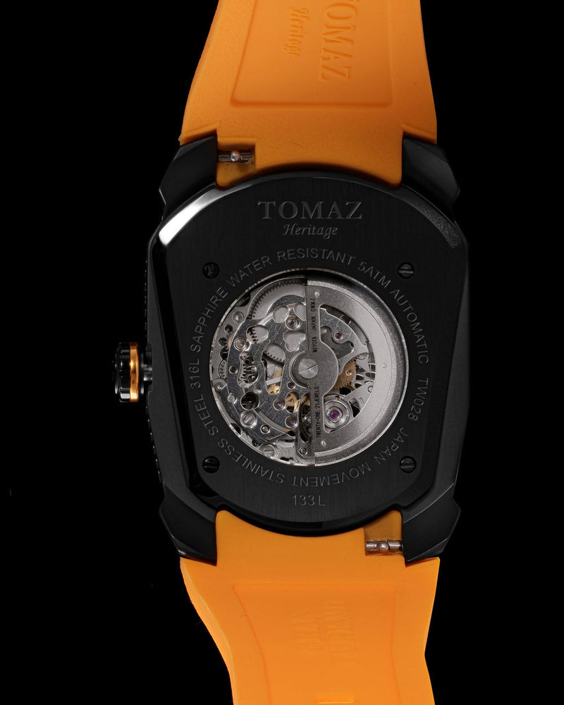 
                  
                    Load image into Gallery viewer, GT Skeleton TW028-D12 (Black/Orange) with Black Swarovski (Yellow Rubber Strap)
                  
                