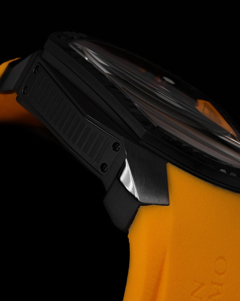 
                  
                    Load image into Gallery viewer, GT Skeleton TW028-D12 (Black/Orange) with Black Swarovski (Yellow Rubber Strap)
                  
                