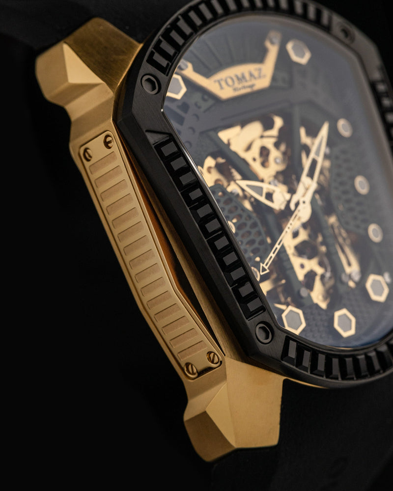 
                  
                    Load image into Gallery viewer, GT Skeleton TW028-D14 (Gold/Black) with Black Swarovski (Black Rubber Strap)
                  
                