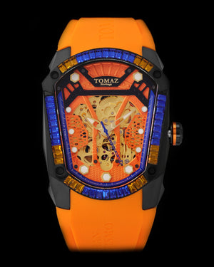 
                  
                    Load image into Gallery viewer, GT Skeleton TW028-D15 (Black/Orange) with Orange Blue Swarovski (Orange Rubber Strap)
                  
                