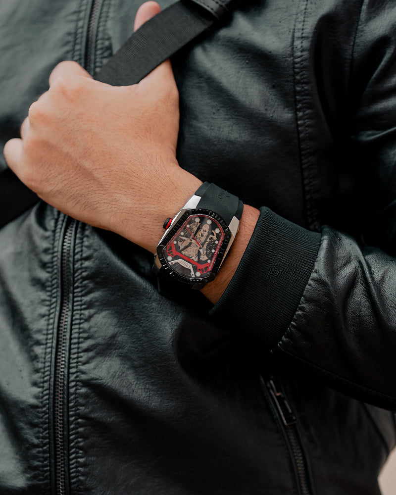 
                  
                    Load image into Gallery viewer, GT Skeleton TW028-D1 (Black/Red) with Black Swarovski (Black Rubber Strap)
                  
                